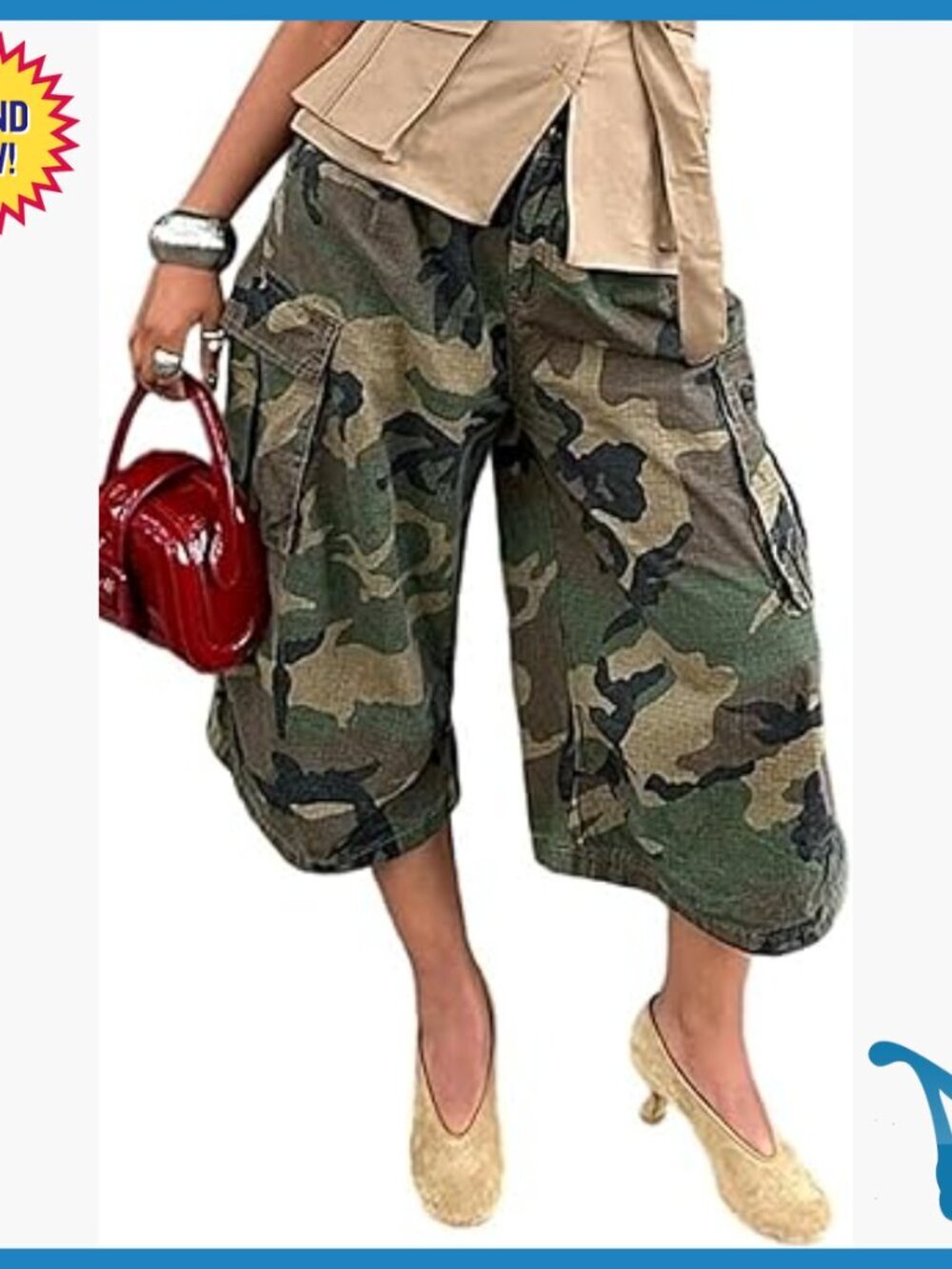 Wide Leg Barrel Cargo Pants Bermuda Cropped Camo Streetwear Trousers